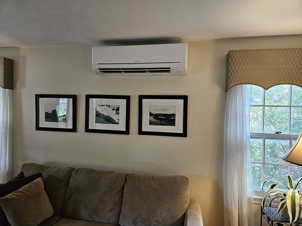 Mounted ductless mini split in bedroom of Kingston, PA, home.