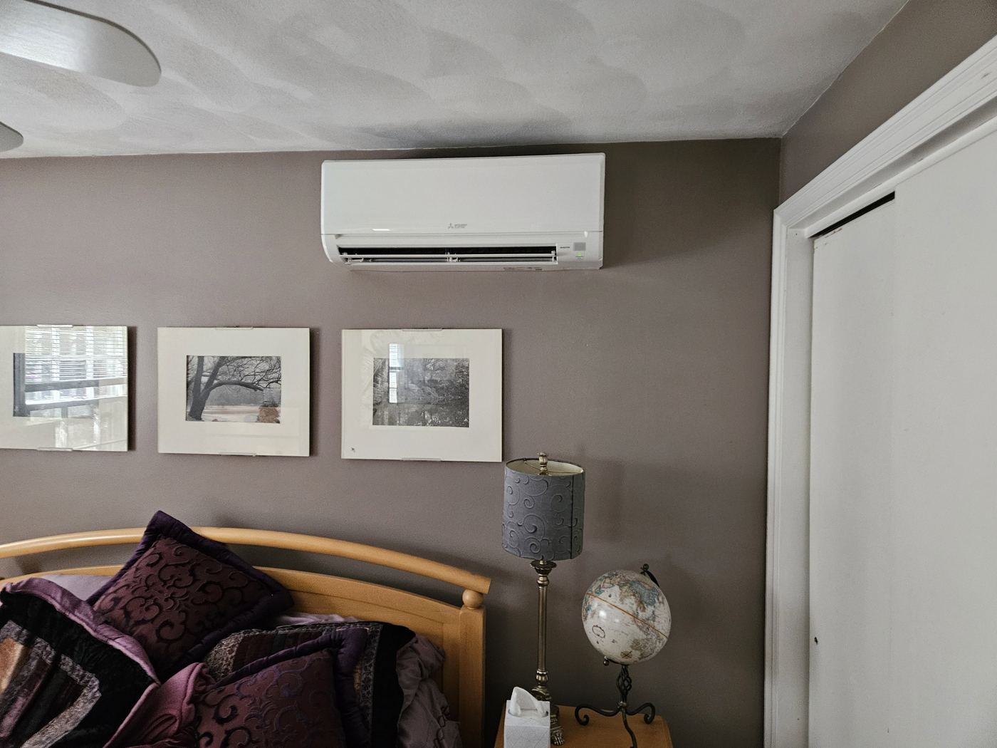 Close-up of mounted ductless mini split in bedroom of Kingston, PA, home.