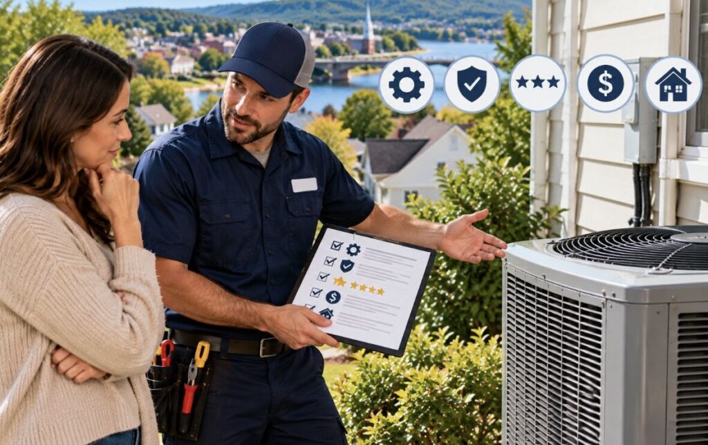 HVAC technician holding a checklist beside an outdoor AC unit while a homeowner listens