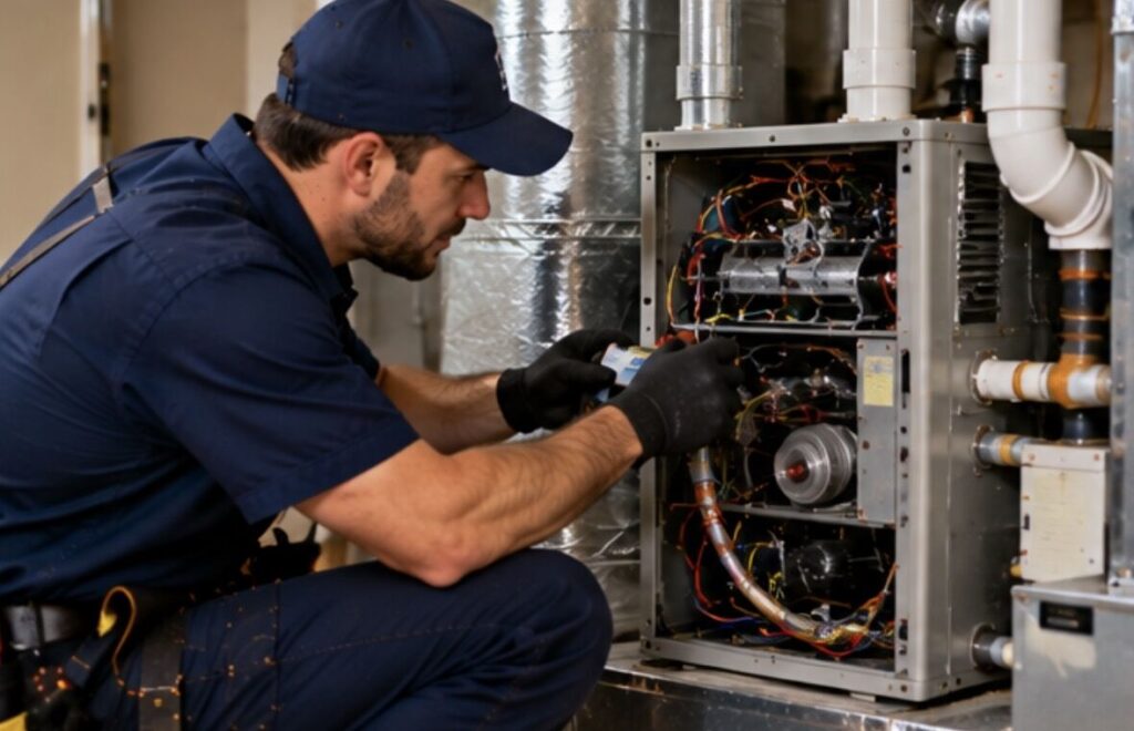 HVAC technician in gloves working inside an open furnace cabinet