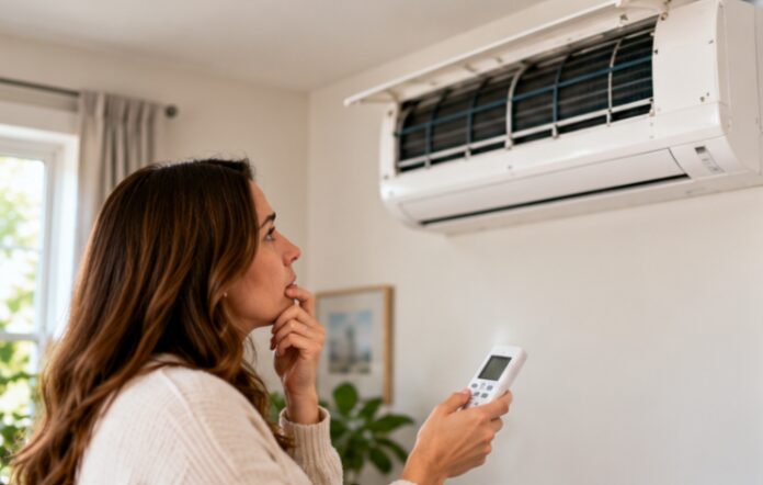 Homeowner pointing a remote at a ductless mini-split indoor unit on the wall