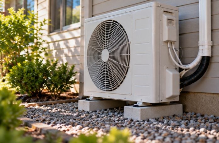 Ductless mini-split outdoor unit on a stand beside a house, with its line set cover