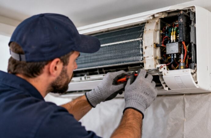 HVAC technician in gloves repairing the open control board of a ductless mini-split indoor unit