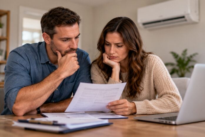 Couple reading a repair estimate at a table, with a mini-split on the wall behind them