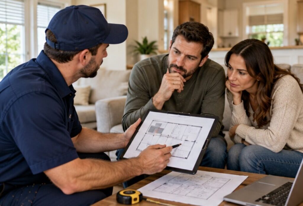 HVAC technician reviewing a floor plan with a couple during a heat pump evaluation
