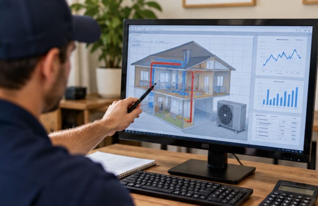 Load calculation software showing a 3D house model on a computer screen