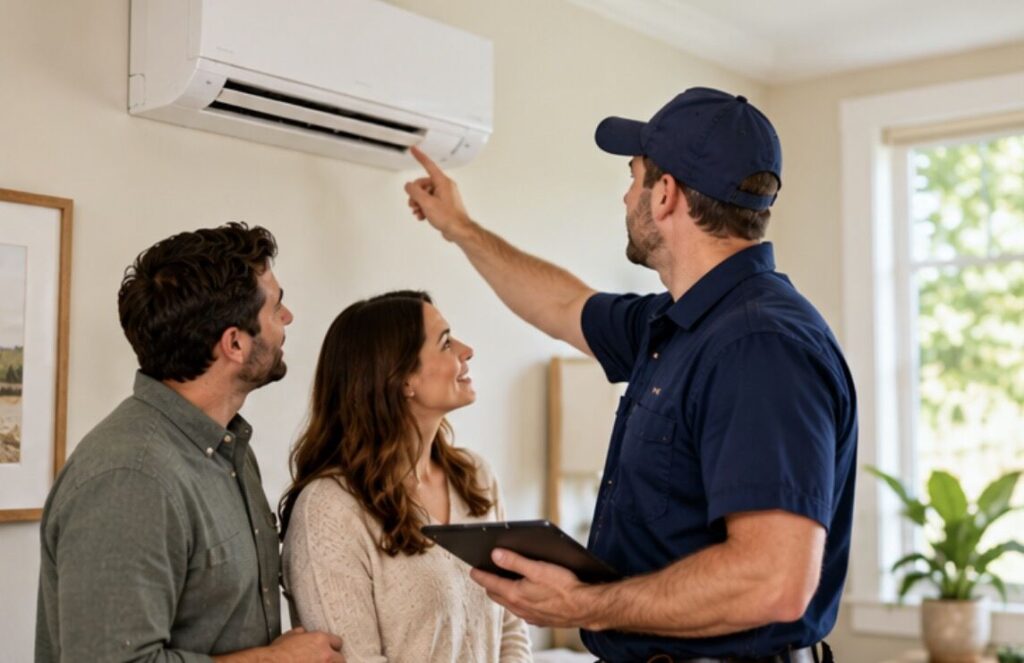 HVAC technician pointing to a ductless heat pump indoor unit while talking with a couple