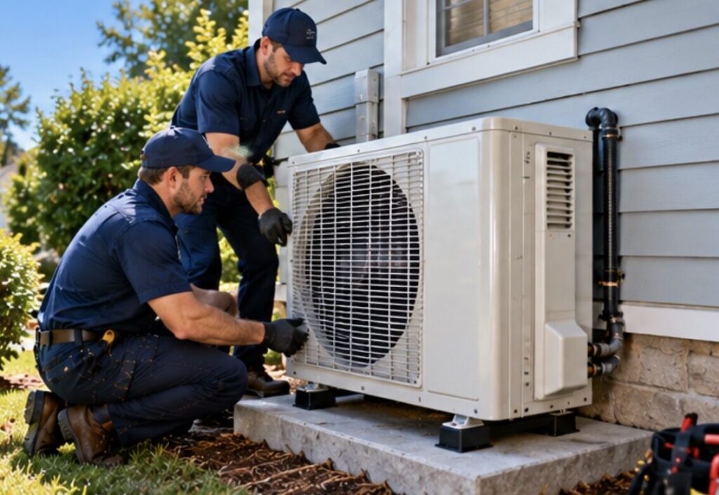 Two HVAC technicians installing a heat pump outdoor unit on a concrete pad