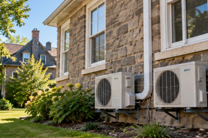 Two ductless mini-split outdoor units against the stone wall of an older home