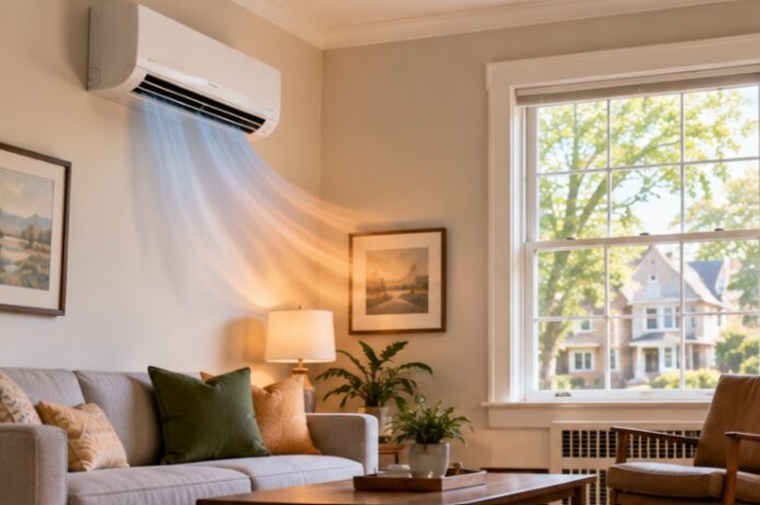 Ductless mini-split indoor unit cooling the living room of an older home