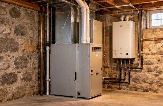 Air handler and new ductwork in the stone basement of an older home