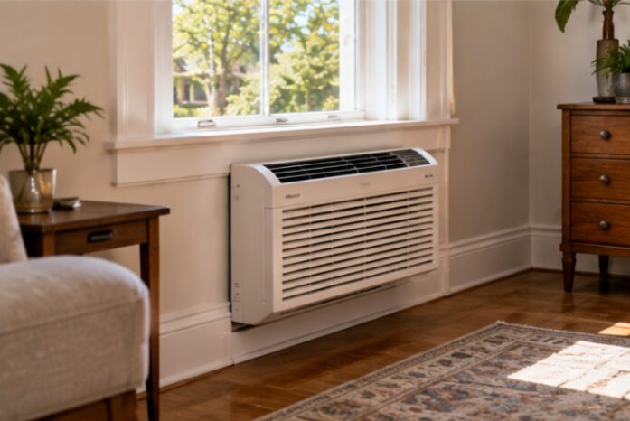 Floor-mounted ductless indoor unit beneath a living room window