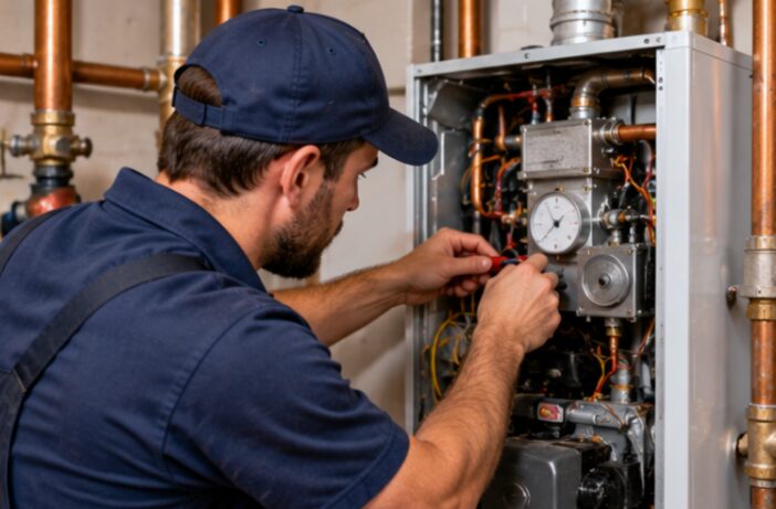 HVAC technician servicing the gas valve and controls of a boiler