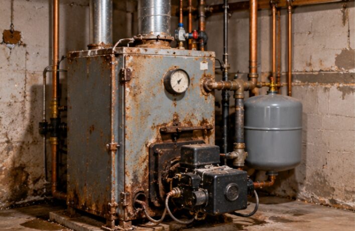 Old rusted boiler with a pressure gauge and expansion tank in a basement