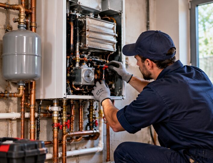 HVAC technician inspecting a wall-hung boiler beside its expansion tank