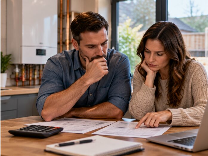 Couple comparing boiler repair and replacement costs with a calculator and paperwork